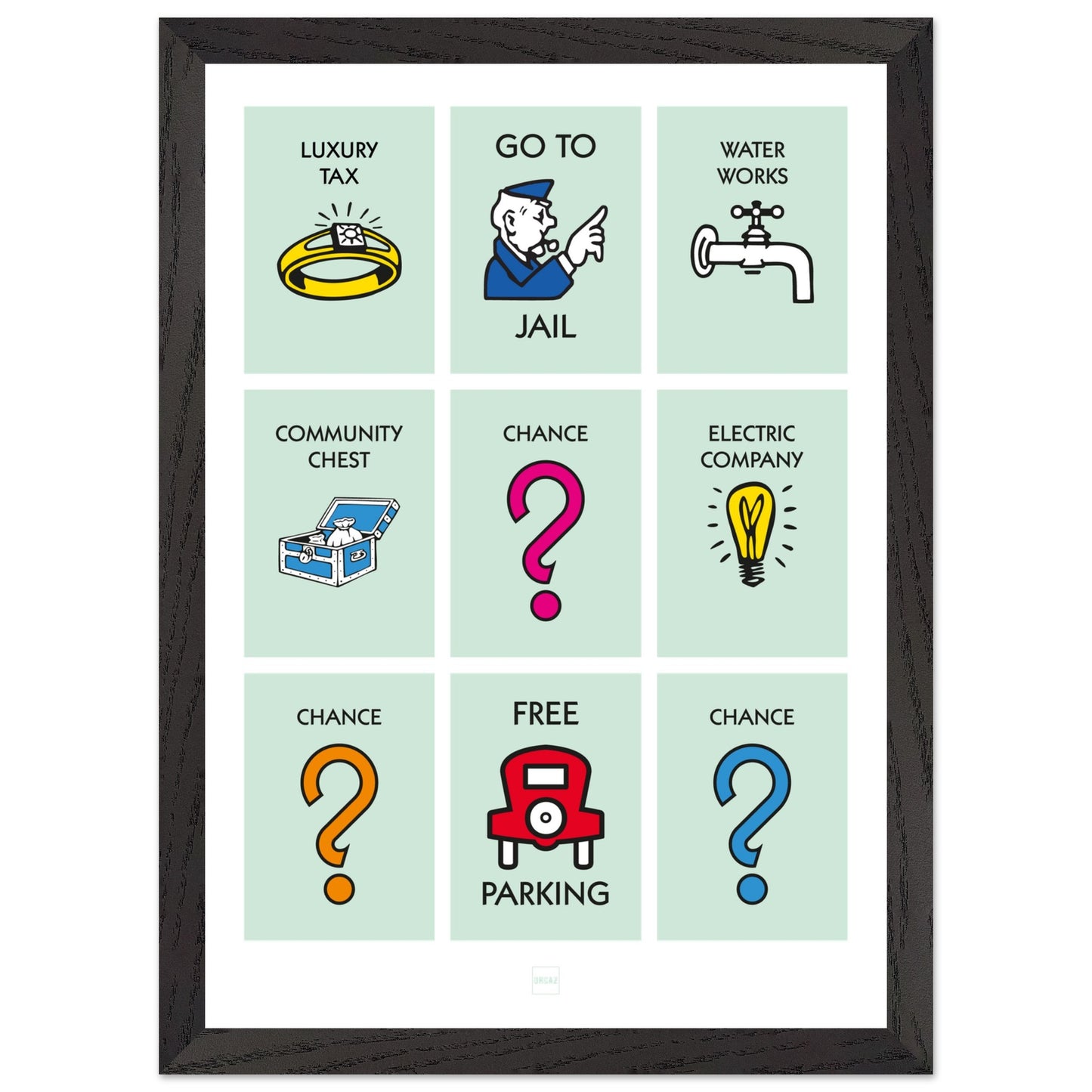 Affiche décorative avec encadrement inspirée des illustrations du jeu Monopoly.