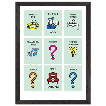 Affiche décorative avec encadrement inspirée des illustrations du jeu Monopoly.