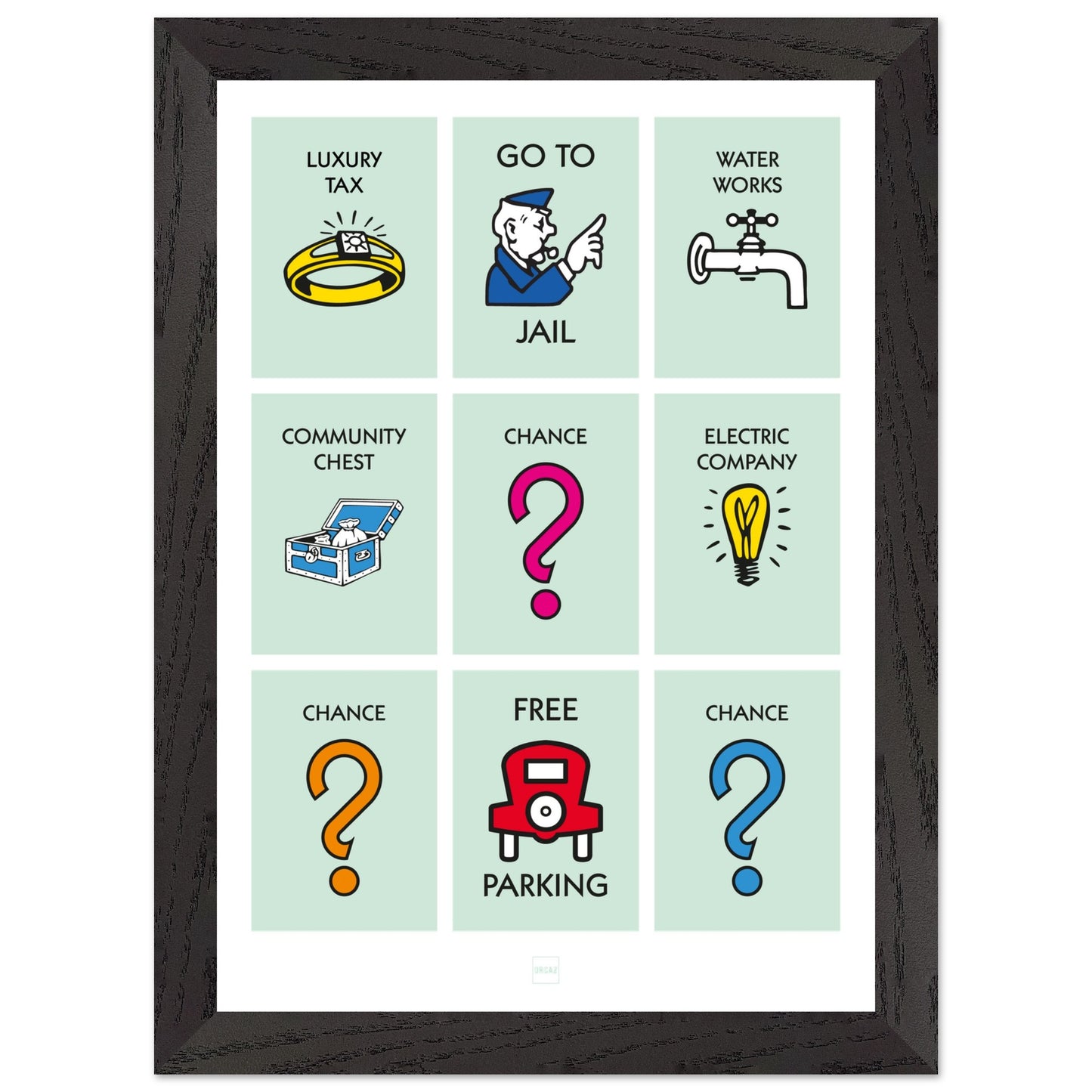 Affiche décorative avec encadrement inspirée des illustrations du jeu Monopoly.