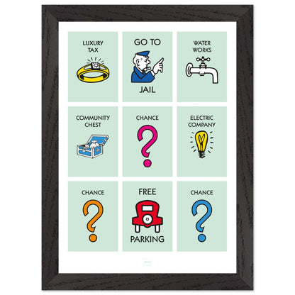 Affiche décorative avec encadrement inspirée des illustrations du jeu Monopoly.