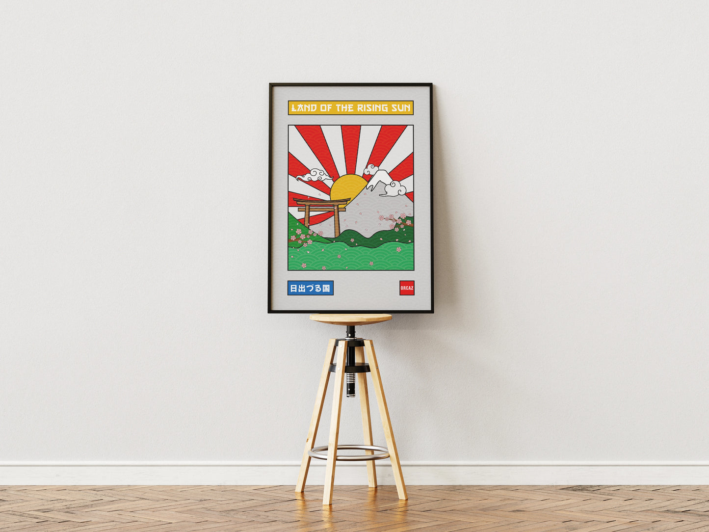 Affiche du Mont Fuji illustré en couleurs par Orcaz Designs.