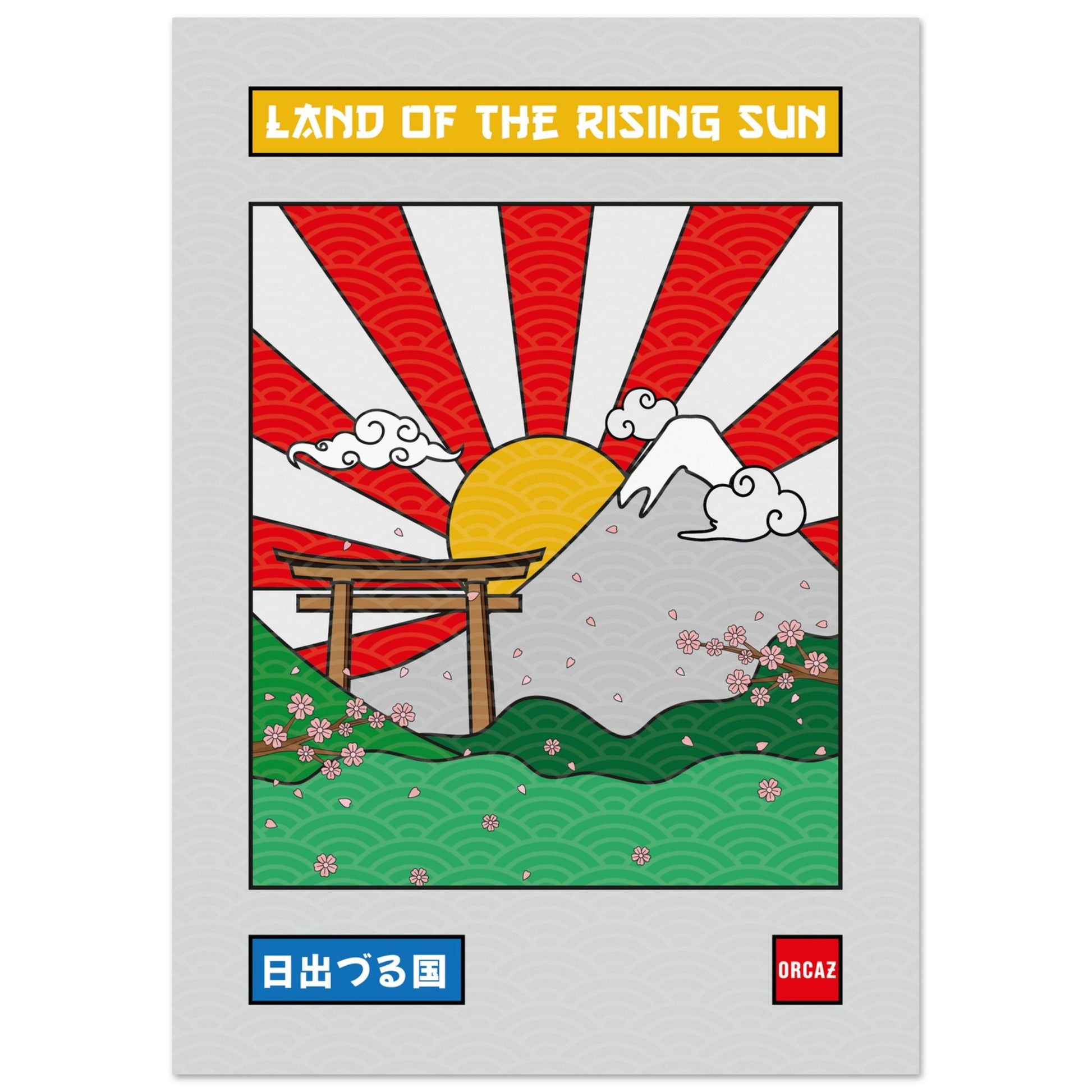 Affiche du Mont Fuji illustré en couleurs par Orcaz Designs.