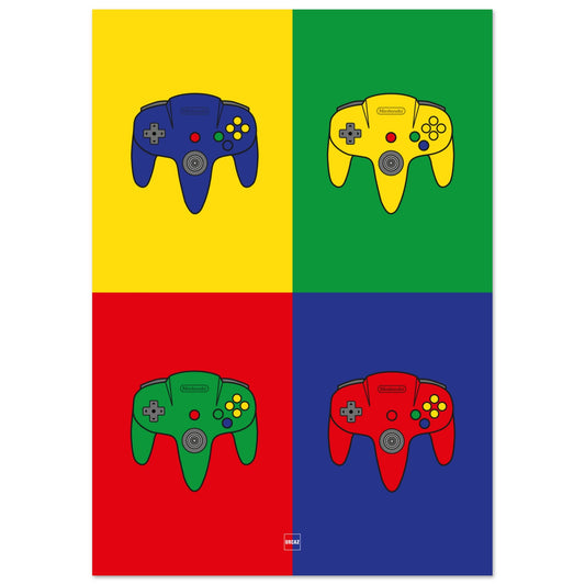 Aperçu de notre affiche en hommage à la manette de Nintendo 64 dans un style pop art très coloré.