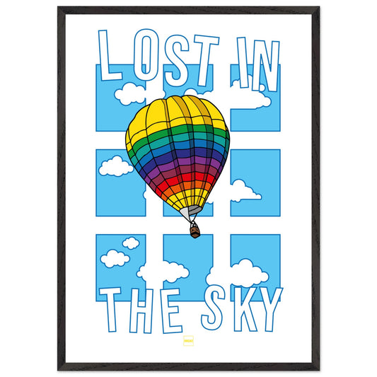 Affiche Lost in the Sky avec une montgolfière sur fond bleu et banc en nuages découpés.