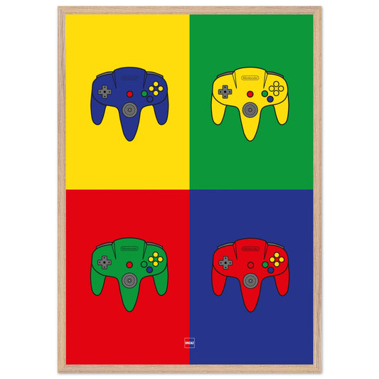 Affiche pop art de la manette de Nintendo 64 par Orcaz Designs.