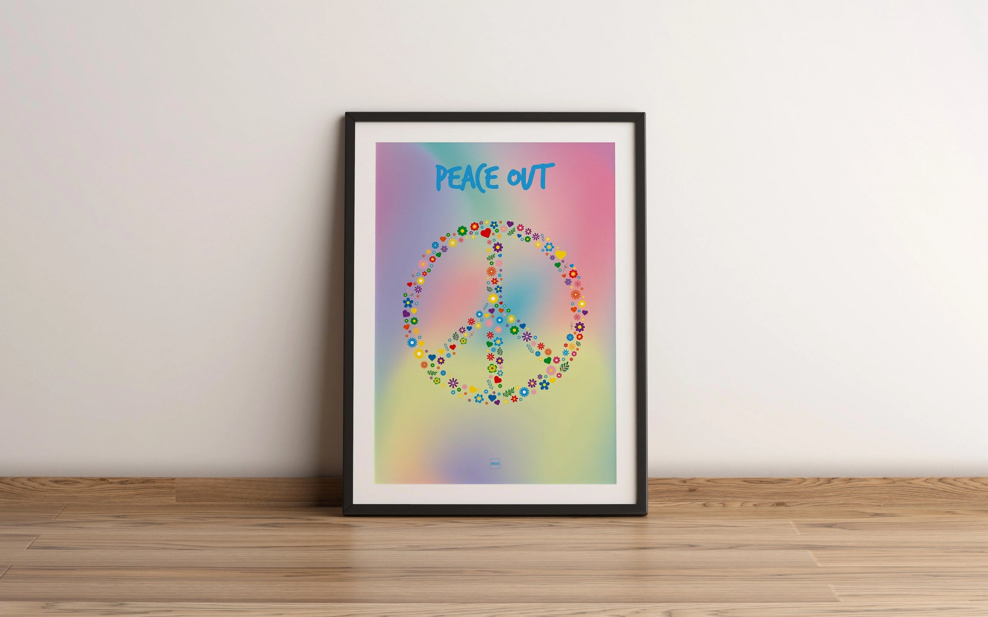 Affiche aux couleurs pastel en dégradé avec texte Peace Out et symbole Peace and Love composé de fleurs et de cœurs