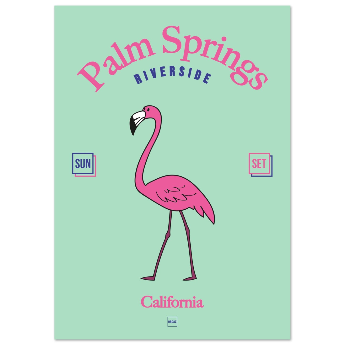 Poster sur le thème de Palm Springs avec un flamant rose sur fond vert turquoise.