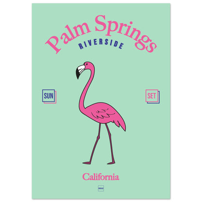 Poster sur le thème de Palm Springs avec un flamant rose sur fond vert turquoise.