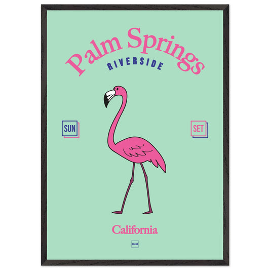 Affiche avec encadrement sur le thème de Palm Springs avec un flamant rose sur fond vert turquoise.