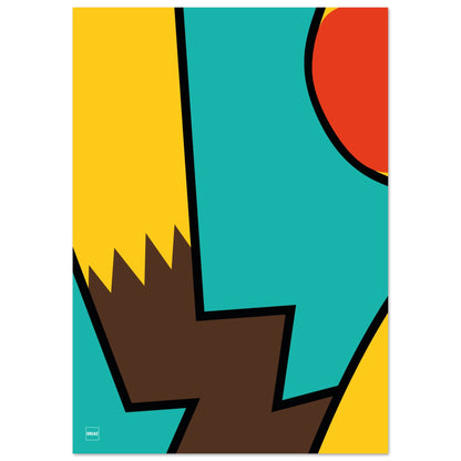 Affiche minimaliste du Pokemon Pikachu par Orcaz sur fond turquoise.