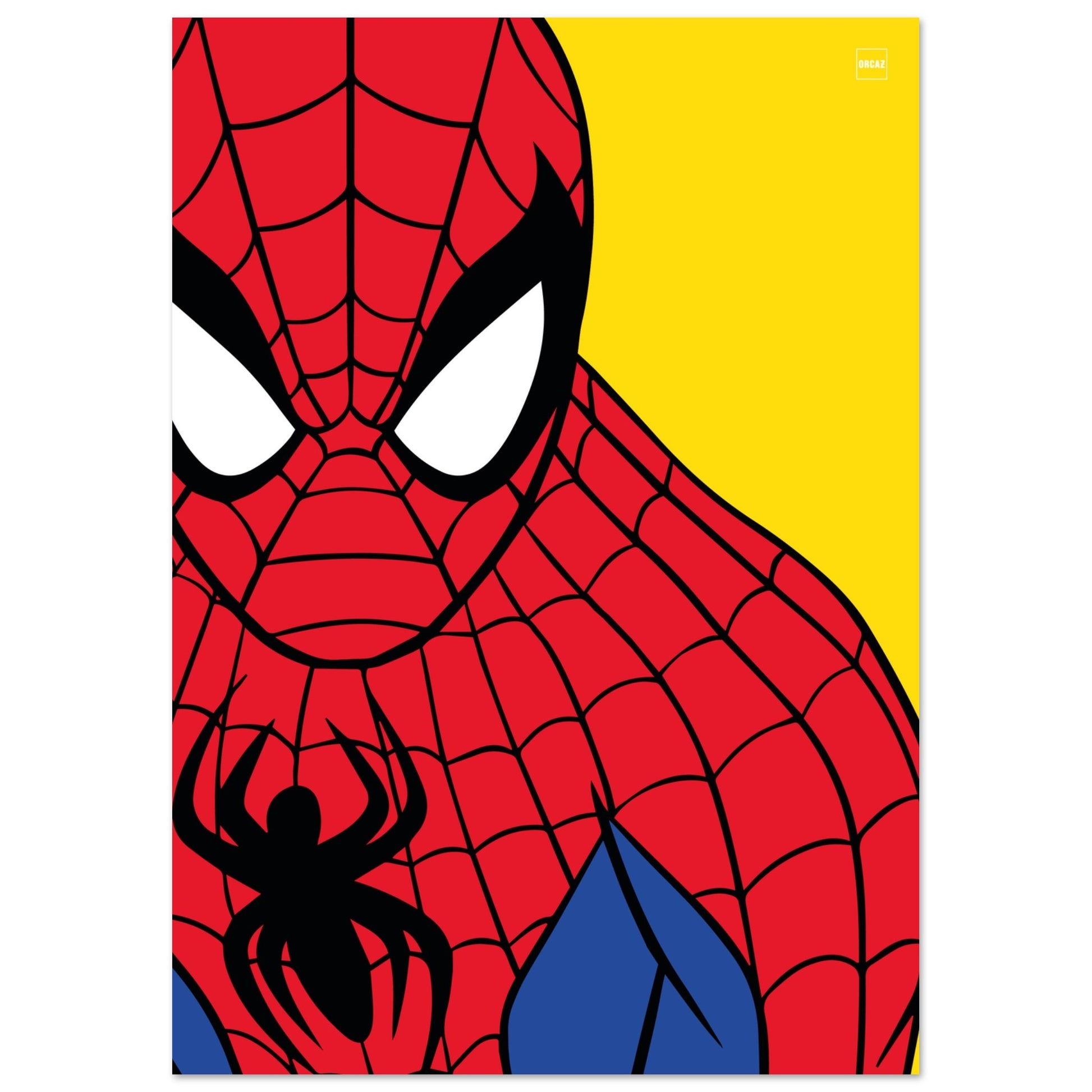 Affiche minimaliste Spider-Man sur fond jaune par Orcaz Designs.