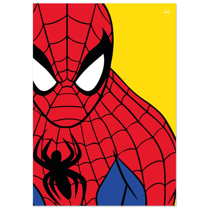 Affiche minimaliste Spider-Man sur fond jaune par Orcaz Designs.