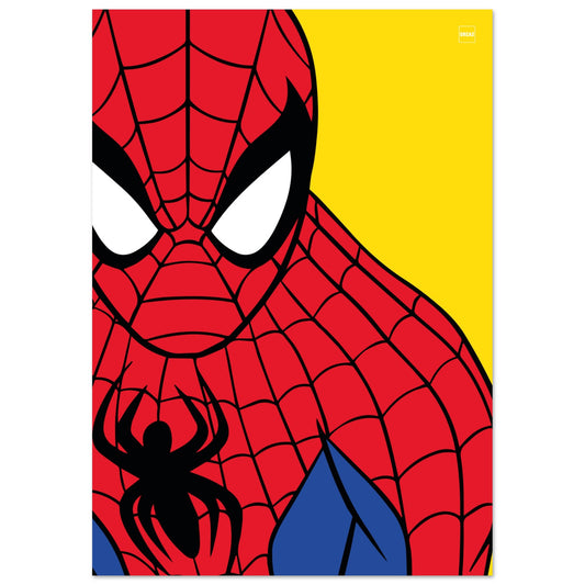 Affiche minimaliste Spider-Man sur fond jaune par Orcaz Designs.