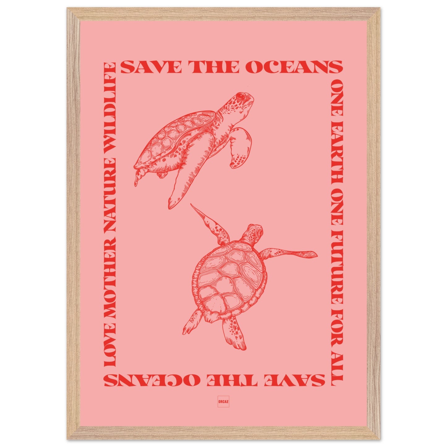 Affiche encadrée avec deux tortues rouges sur fond rose avec le texte save the oceans.