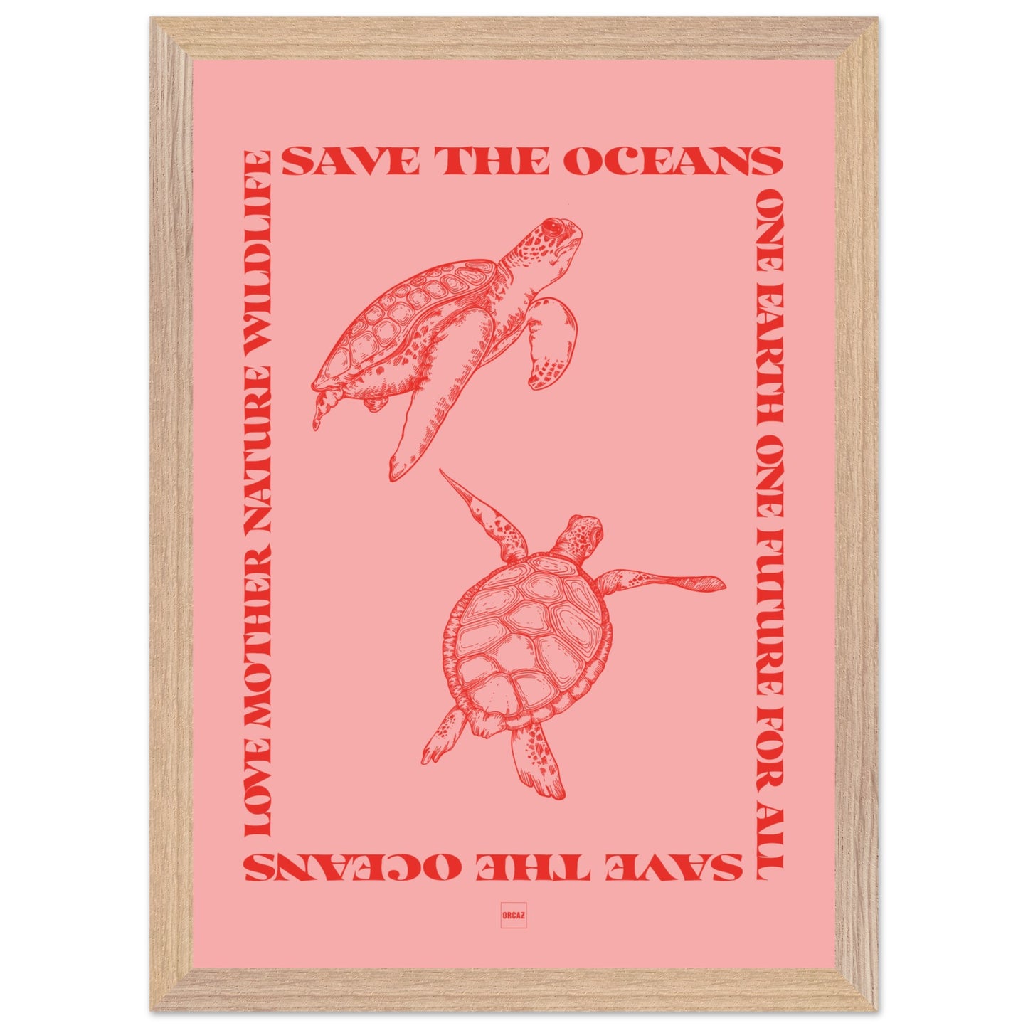Affiche encadrée avec deux tortues rouges sur fond rose avec le texte save the oceans.