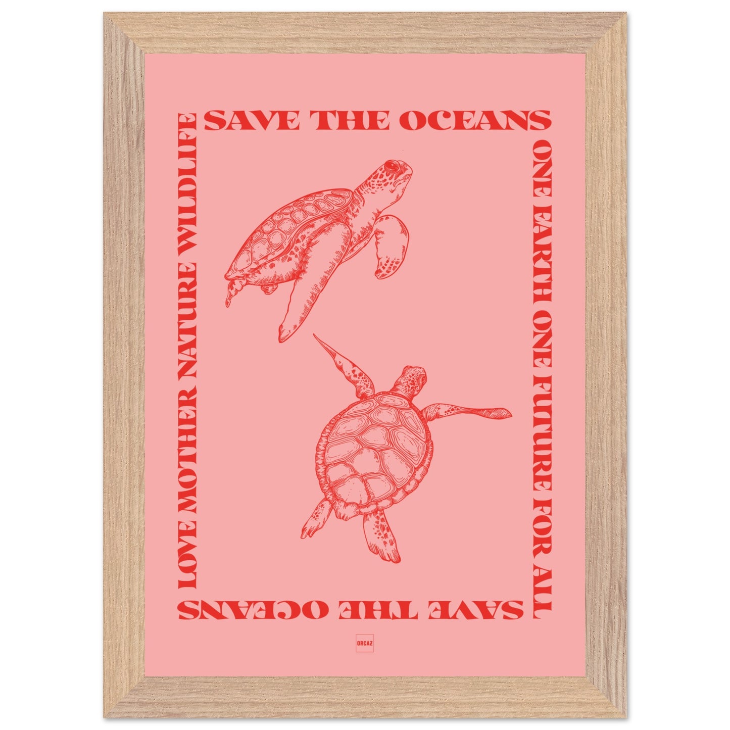 Affiche encadrée avec deux tortues rouges sur fond rose avec le texte save the oceans.