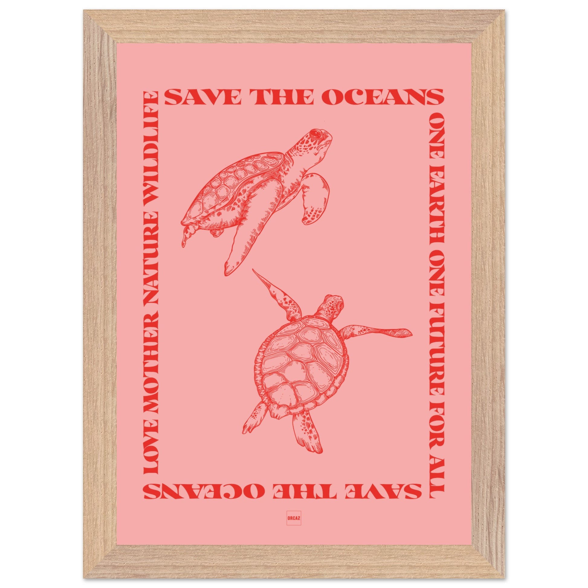 Affiche encadrée avec deux tortues rouges sur fond rose avec le texte save the oceans.