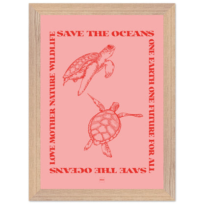 Affiche encadrée avec deux tortues rouges sur fond rose avec le texte save the oceans.