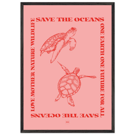 Affiche encadrée avec deux tortues rouges sur fond rose avec le texte save the oceans.
