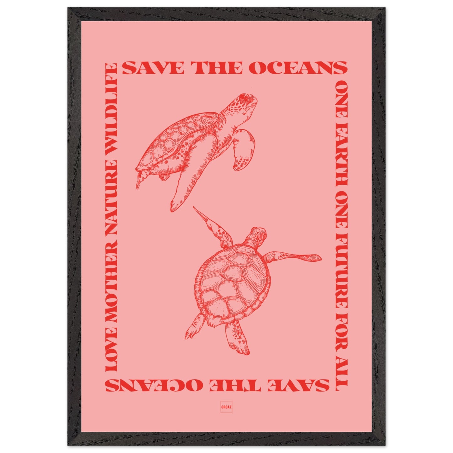 Affiche encadrée avec deux tortues rouges sur fond rose avec le texte save the oceans.