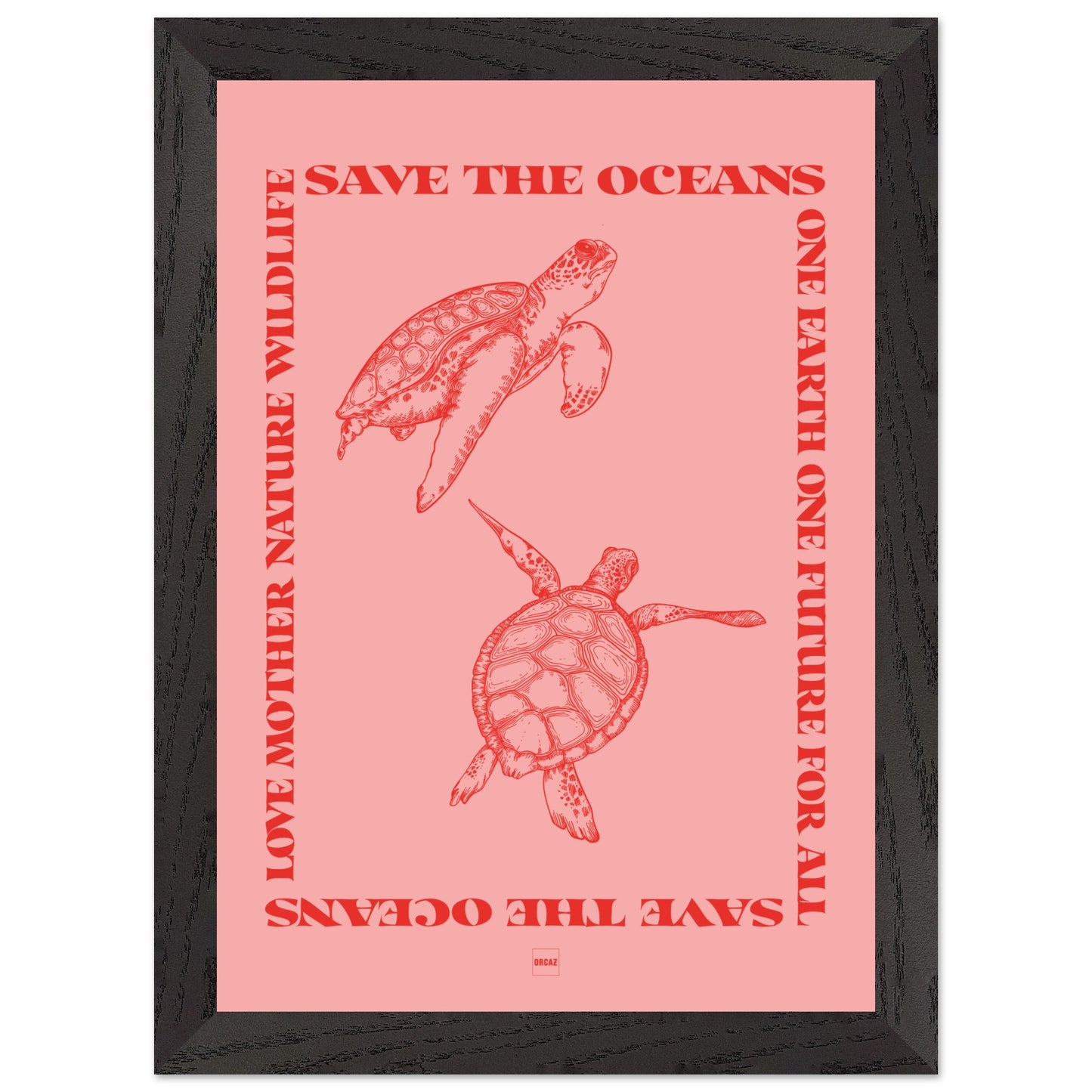 Affiche encadrée avec deux tortues rouges sur fond rose avec le texte save the oceans.