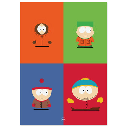 Affiche South Park avec les 4 personnages dans un thème pop art.
