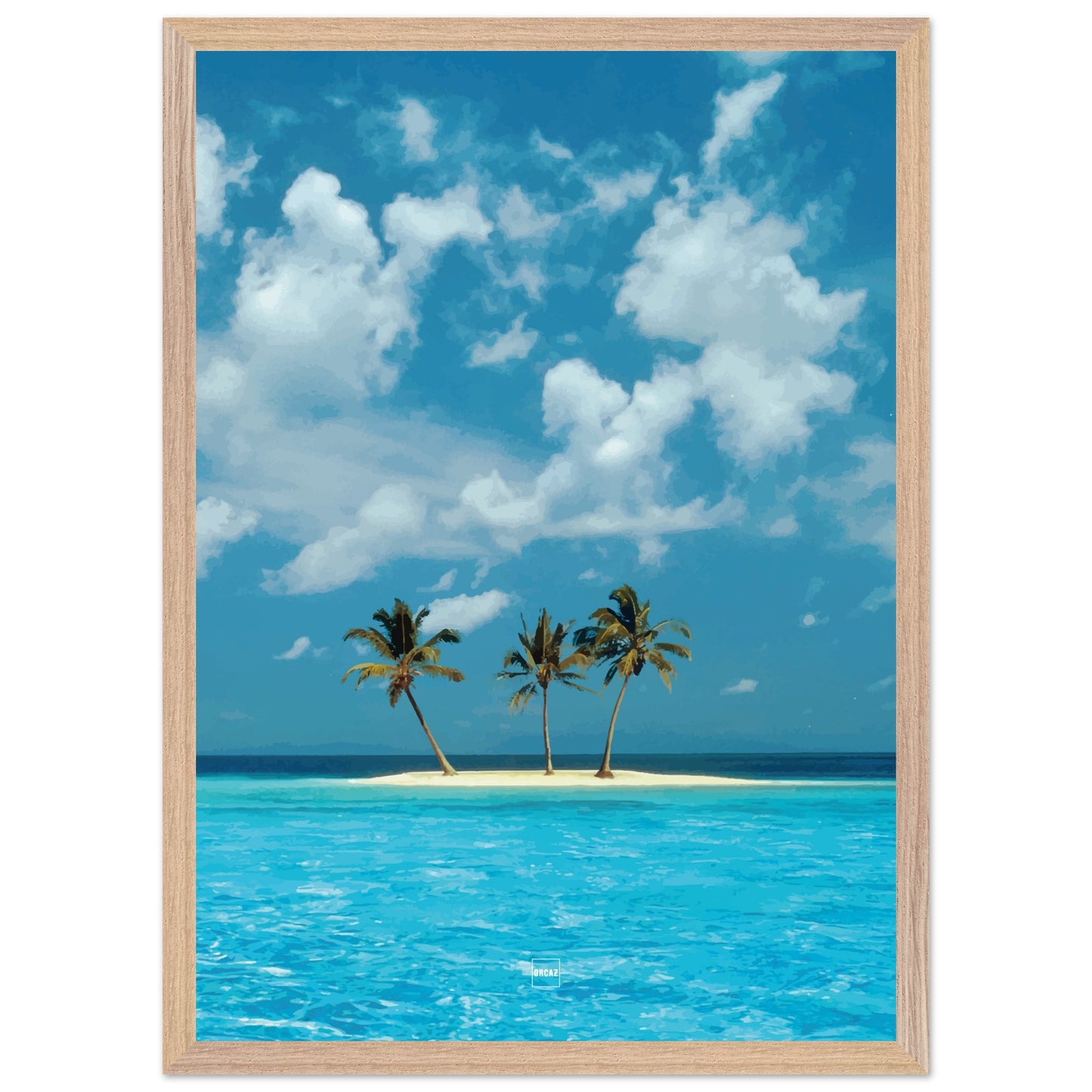 Réplique avec encadrement du fond d'écran Azul avec une petite île tropicale au milieu d'une eau bleu ciel.