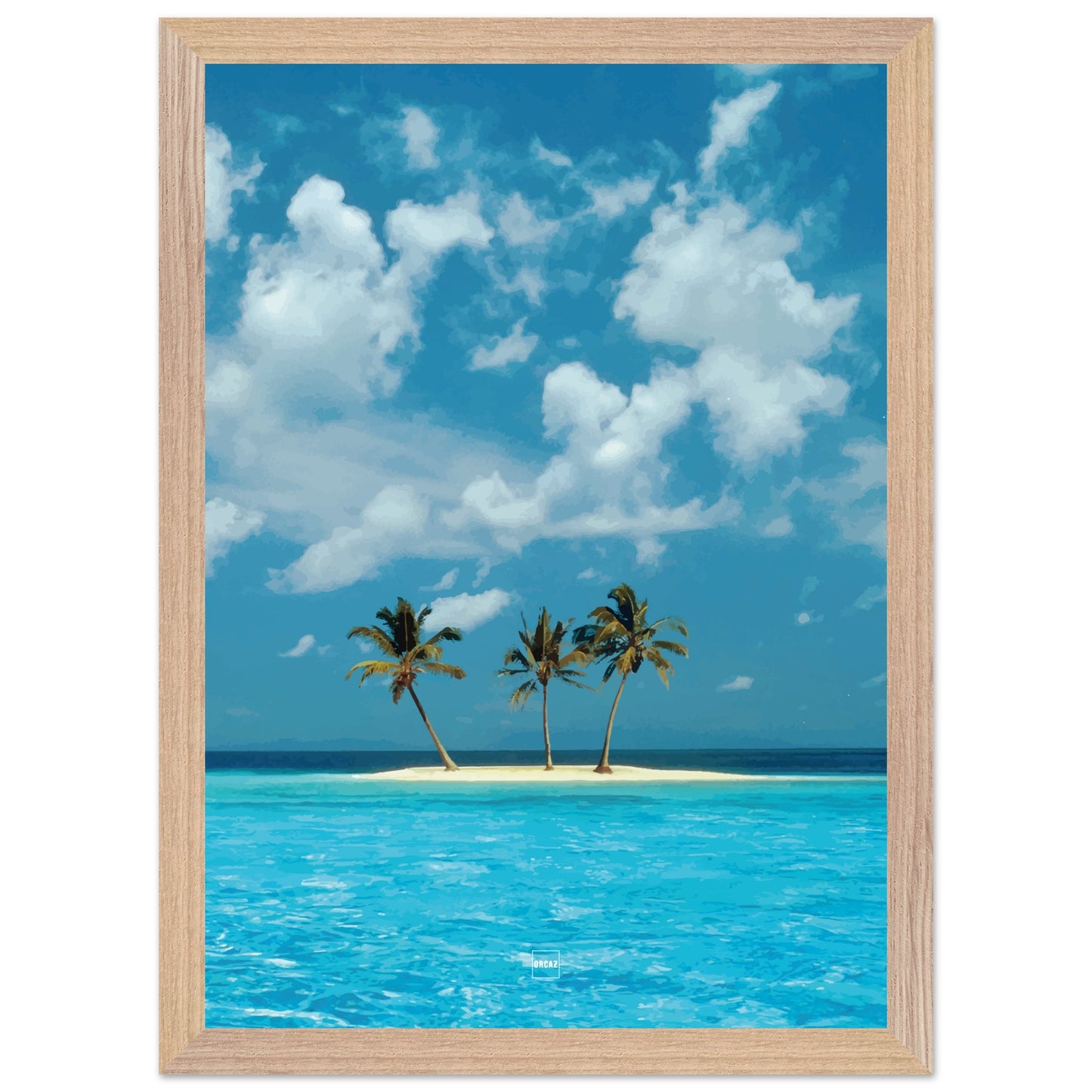 Réplique avec encadrement du fond d'écran Azul avec une petite île tropicale au milieu d'une eau bleu ciel.