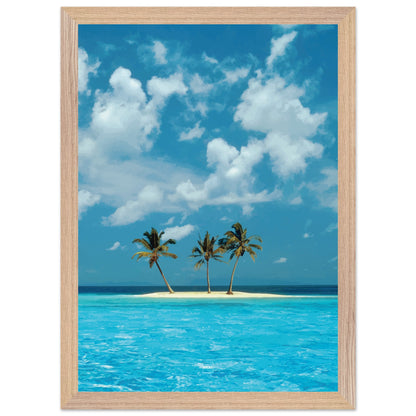 Réplique avec encadrement du fond d'écran Azul avec une petite île tropicale au milieu d'une eau bleu ciel.