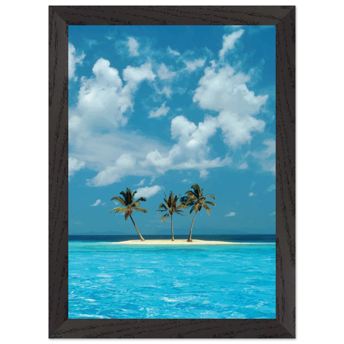 Réplique avec encadrement du fond d'écran Azul avec une petite île tropicale au milieu d'une eau bleu ciel.