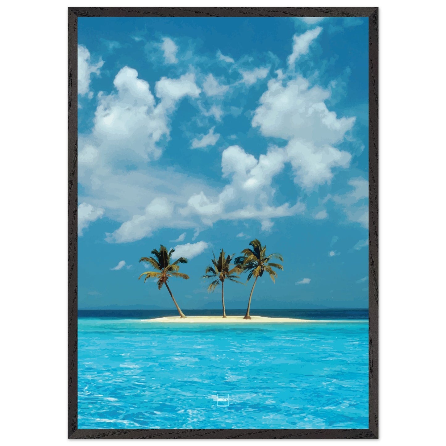 Réplique avec encadrement du fond d'écran Azul avec une petite île tropicale au milieu d'une eau bleu ciel.