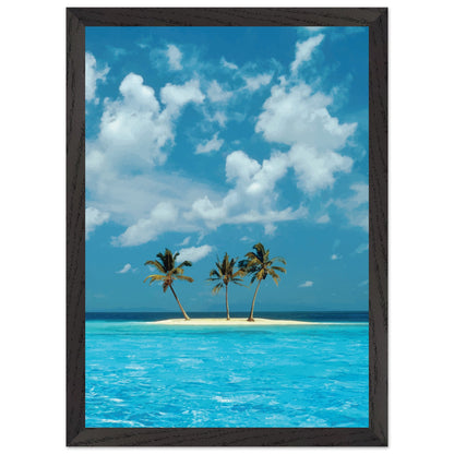 Réplique avec encadrement du fond d'écran Azul avec une petite île tropicale au milieu d'une eau bleu ciel.