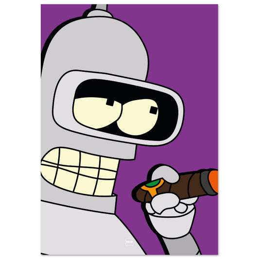 Aperçu de l'affiche du personnage Bender de Futurama sur fond violet.