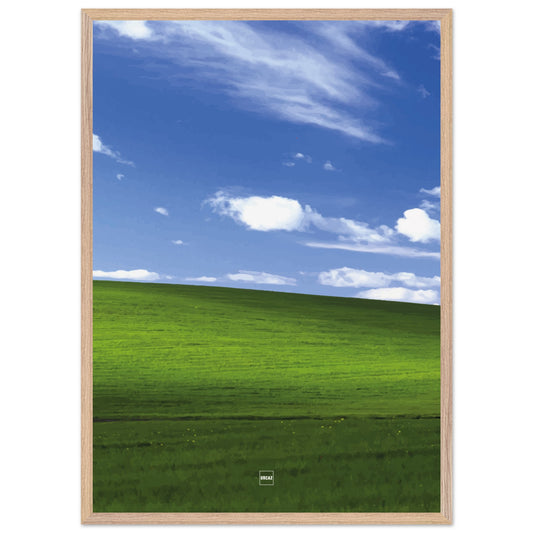 Réplique avec encadrement du fond d'écran Bliss avec une colline verdoyante, un ciel bleu et des nuages blancs.