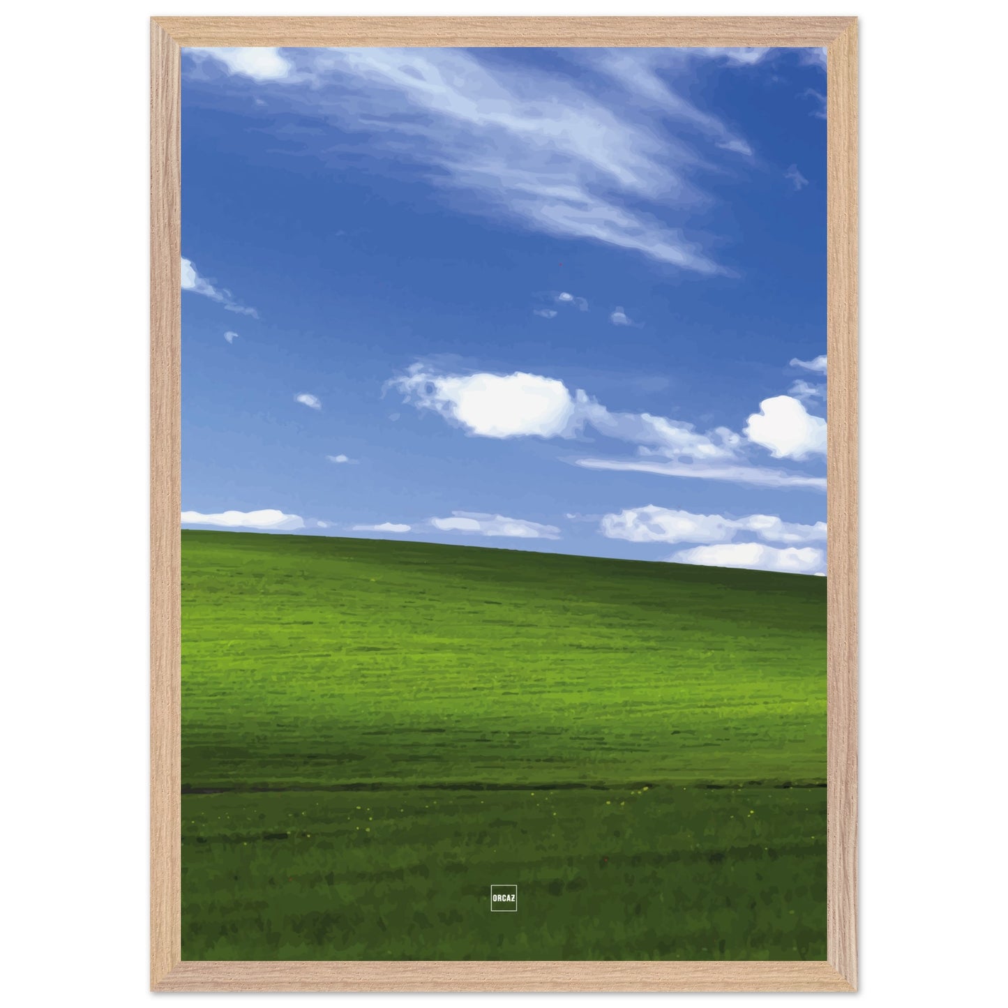 Réplique avec encadrement du fond d'écran Bliss avec une colline verdoyante, un ciel bleu et des nuages blancs.