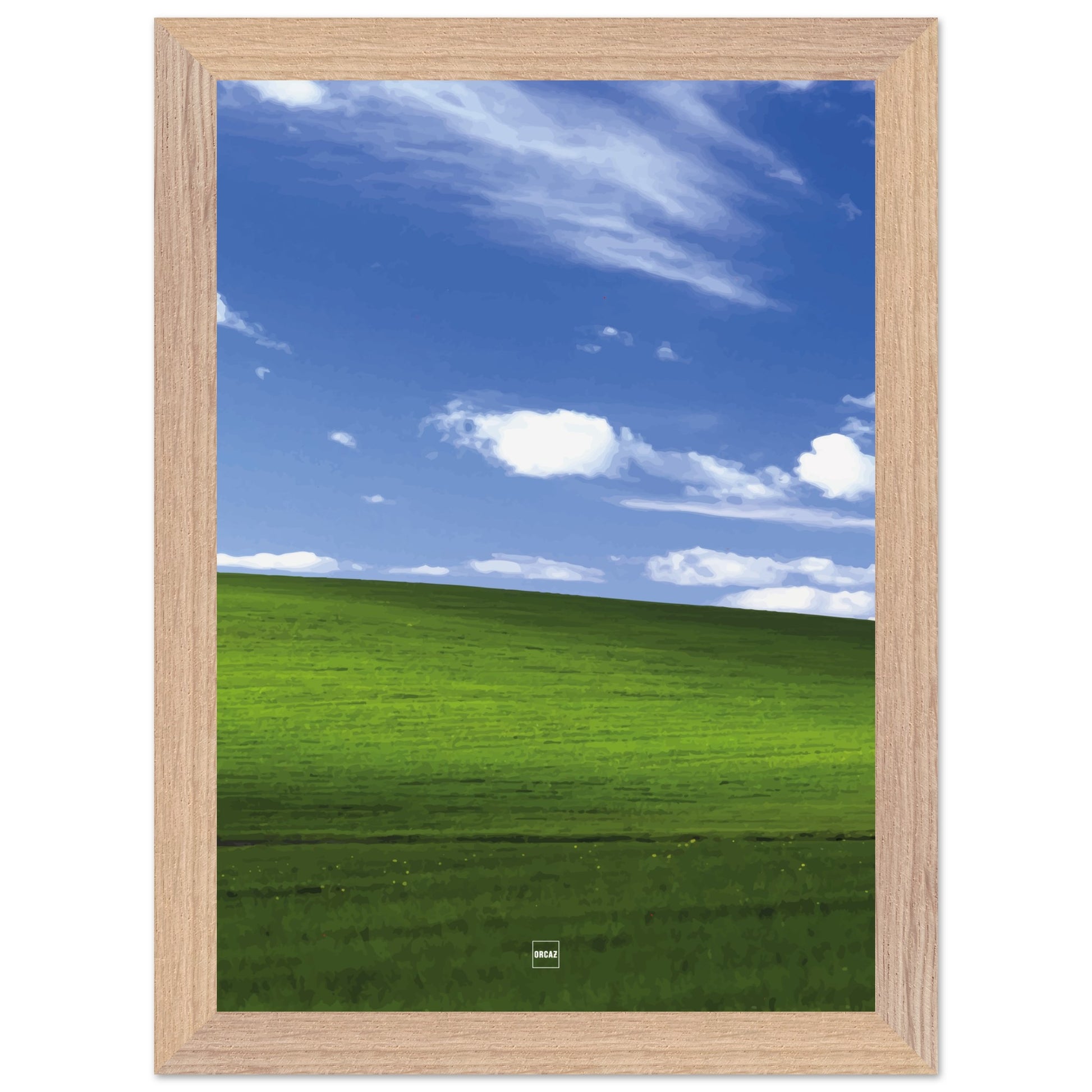 Réplique avec encadrement du fond d'écran Bliss avec une colline verdoyante, un ciel bleu et des nuages blancs.