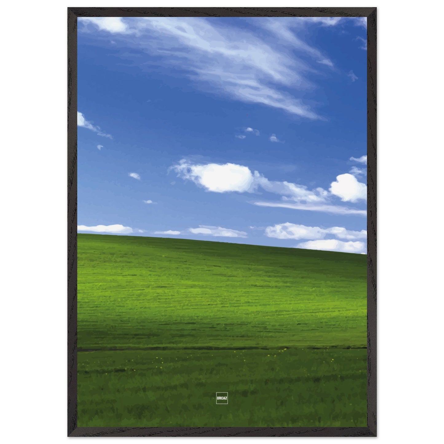 Réplique avec encadrement du fond d'écran Bliss avec une colline verdoyante, un ciel bleu et des nuages blancs.
