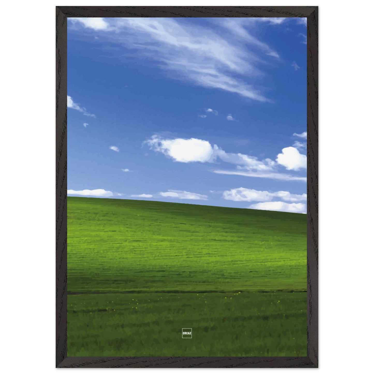 Réplique avec encadrement du fond d'écran Bliss avec une colline verdoyante, un ciel bleu et des nuages blancs.