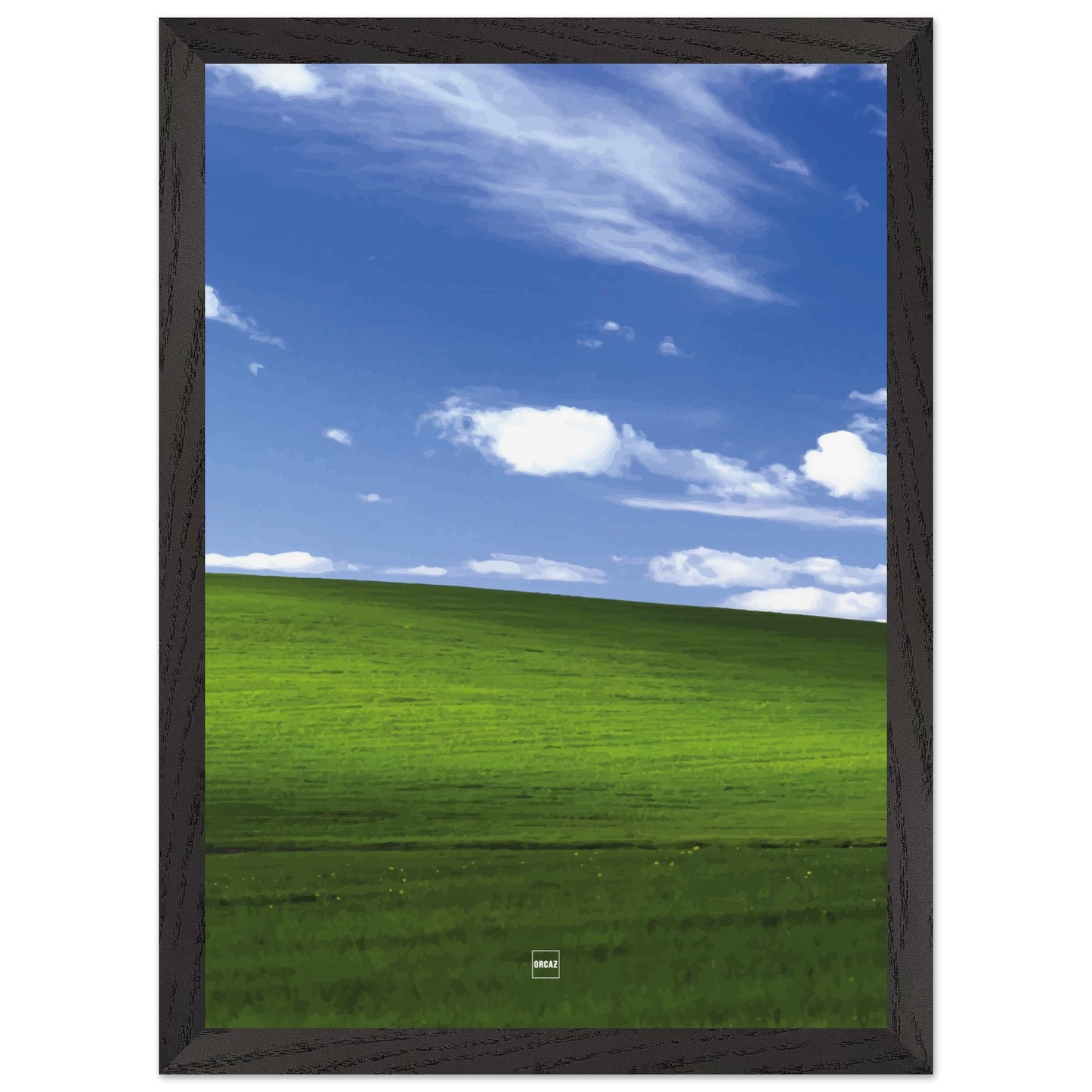 Réplique avec encadrement du fond d'écran Bliss avec une colline verdoyante, un ciel bleu et des nuages blancs.