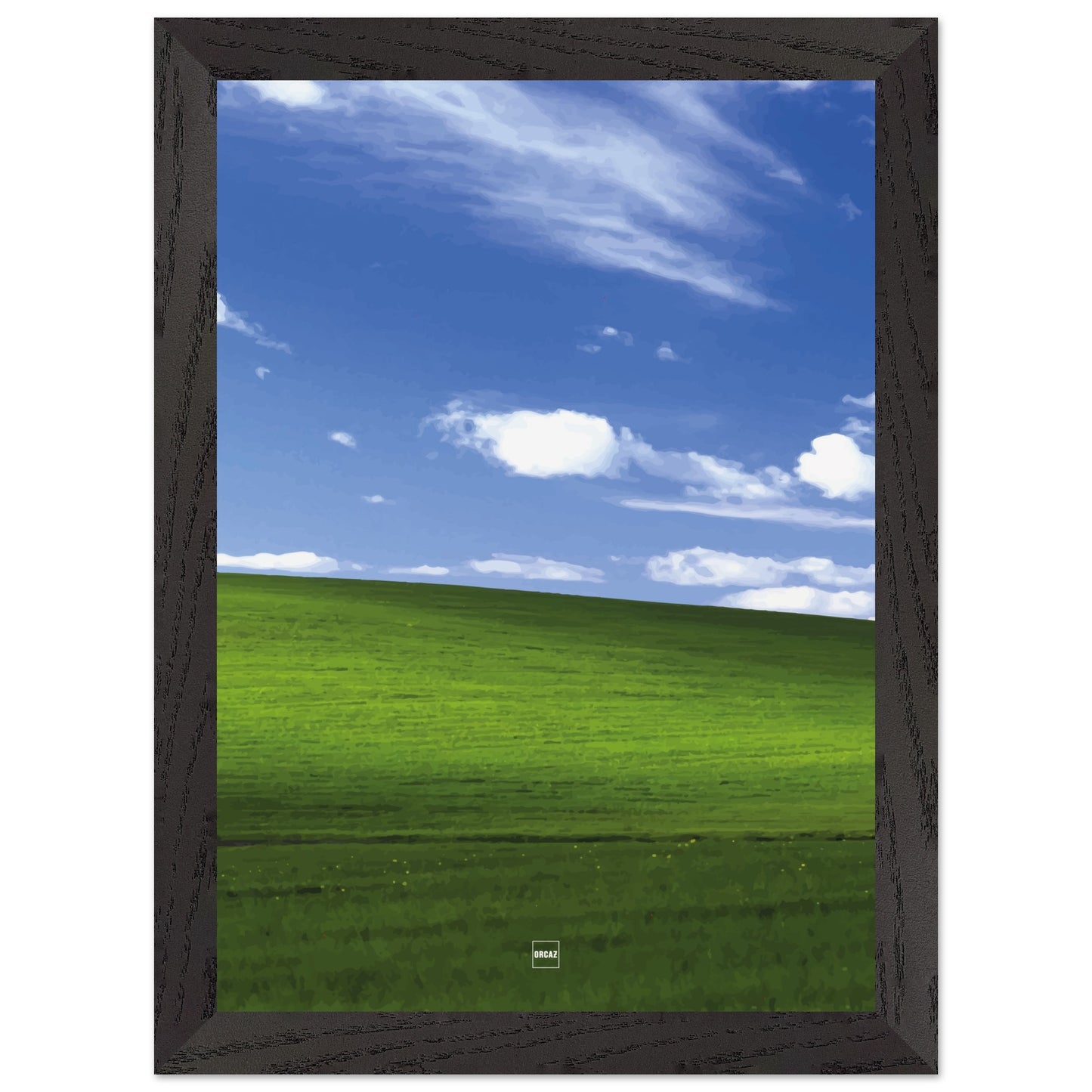 Réplique avec encadrement du fond d'écran Bliss avec une colline verdoyante, un ciel bleu et des nuages blancs.