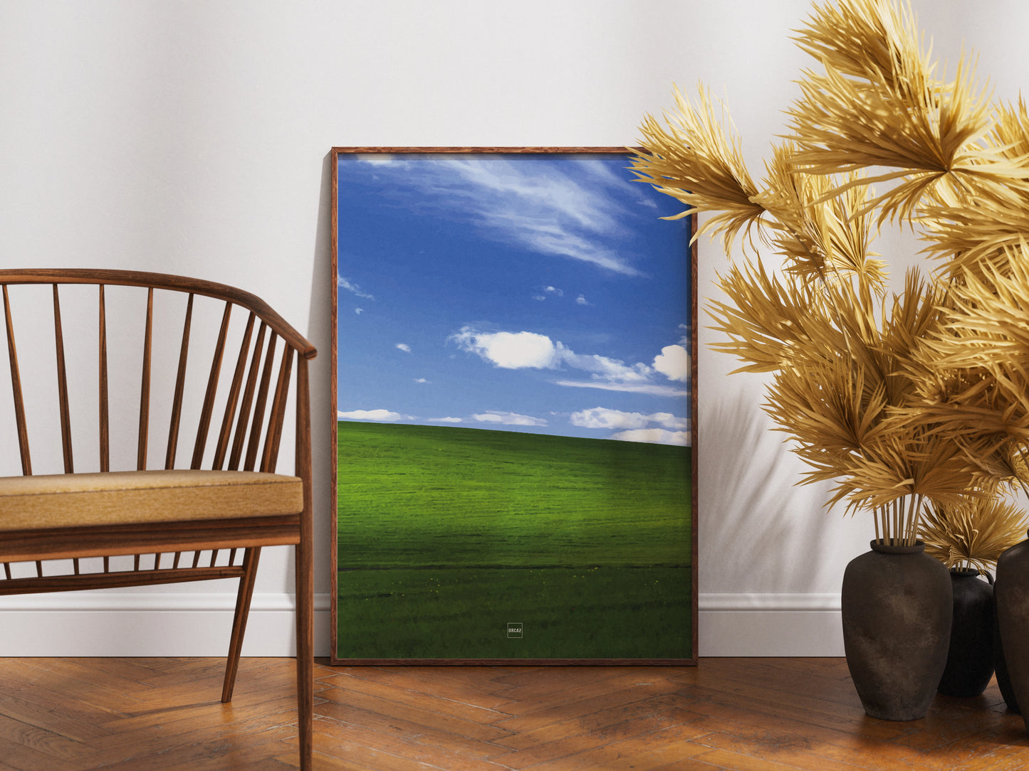 Réplique avec encadrement du fond d'écran Bliss avec une colline verdoyante, un ciel bleu et des nuages blancs.