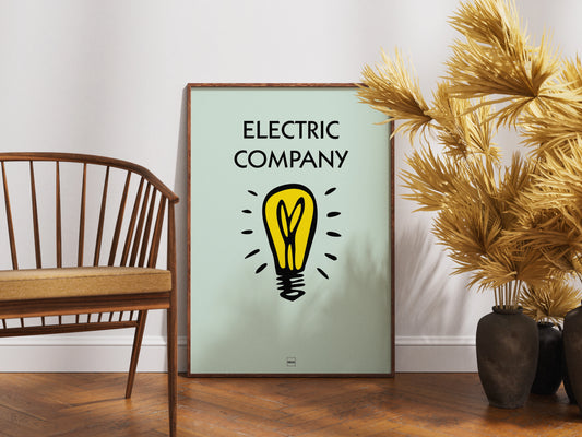 Affiche décorative avec encadrement inspirée de l'illustration compagnie de distribution d'électricité du jeu Monopoly.