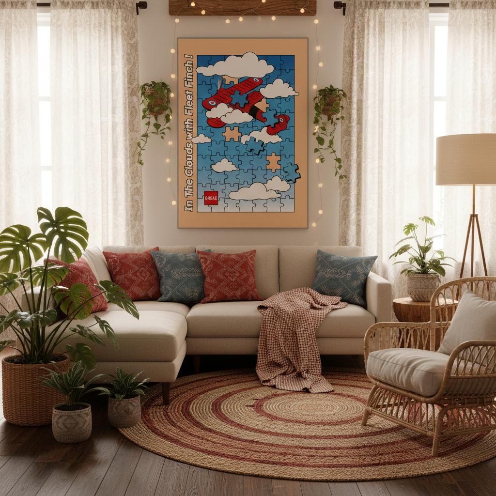 Affiche encadrée grand format de l'avion le Fleet Finch se perdant dans un ciel en forme de puzzle. 