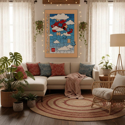 Affiche encadrée grand format de l'avion le Fleet Finch se perdant dans un ciel en forme de puzzle. 