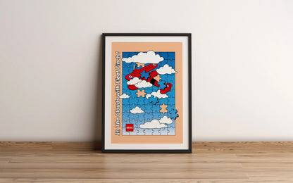 Affiche encadrée petit format de l'avion le Fleet Finch se perdant dans un ciel en forme de puzzle. 