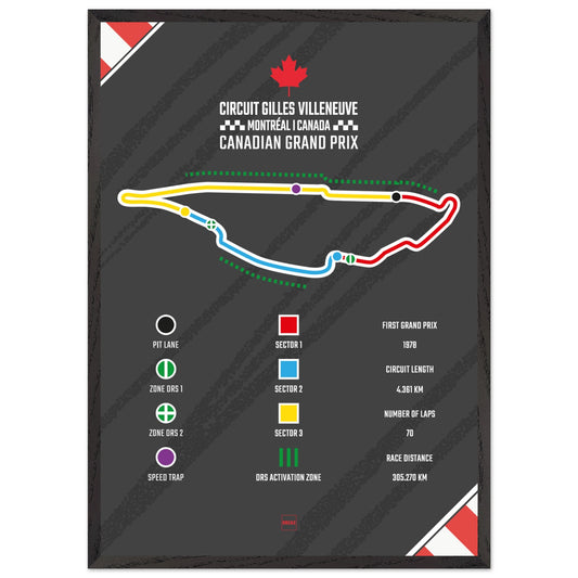 Affiche illustrée avec cadre du circuit de formule 1 de Montréal au Canada par Orcaz Designs.