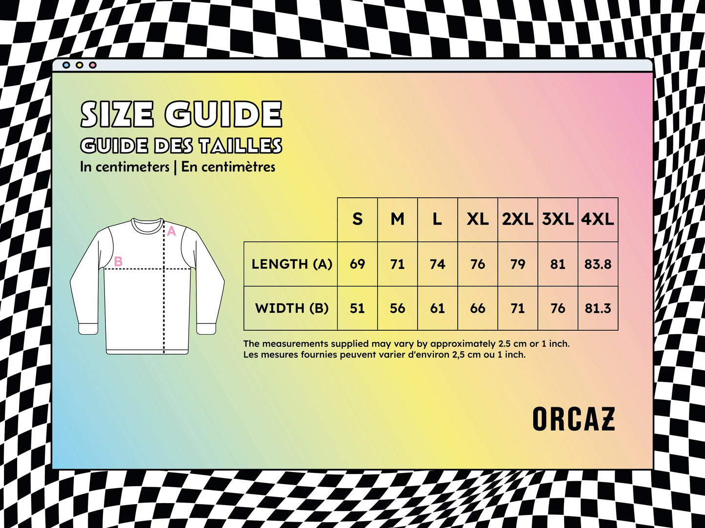 Guide des tailles pour les sweats en centimètres