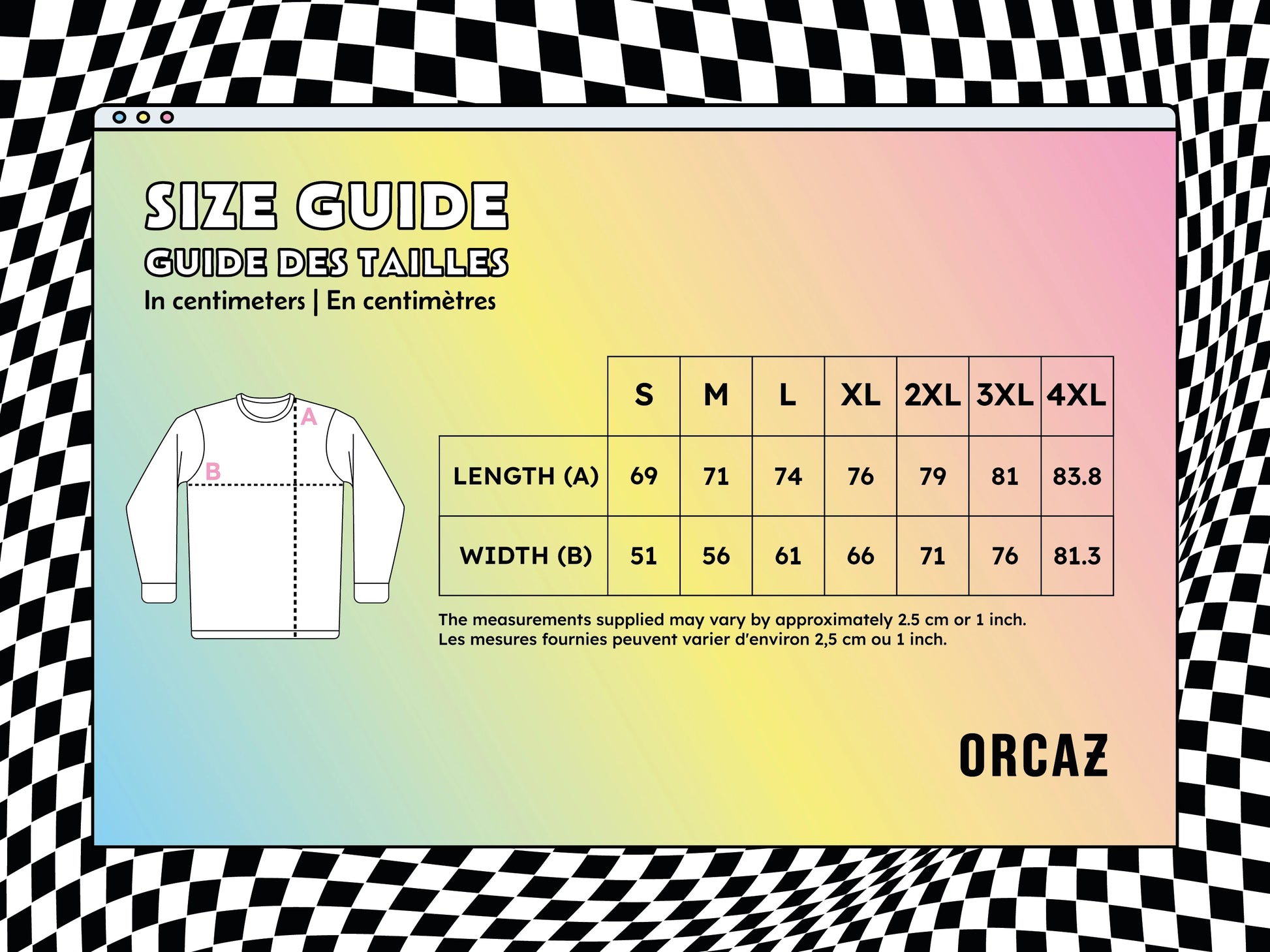 Guide des tailles pour les sweats en centimètres