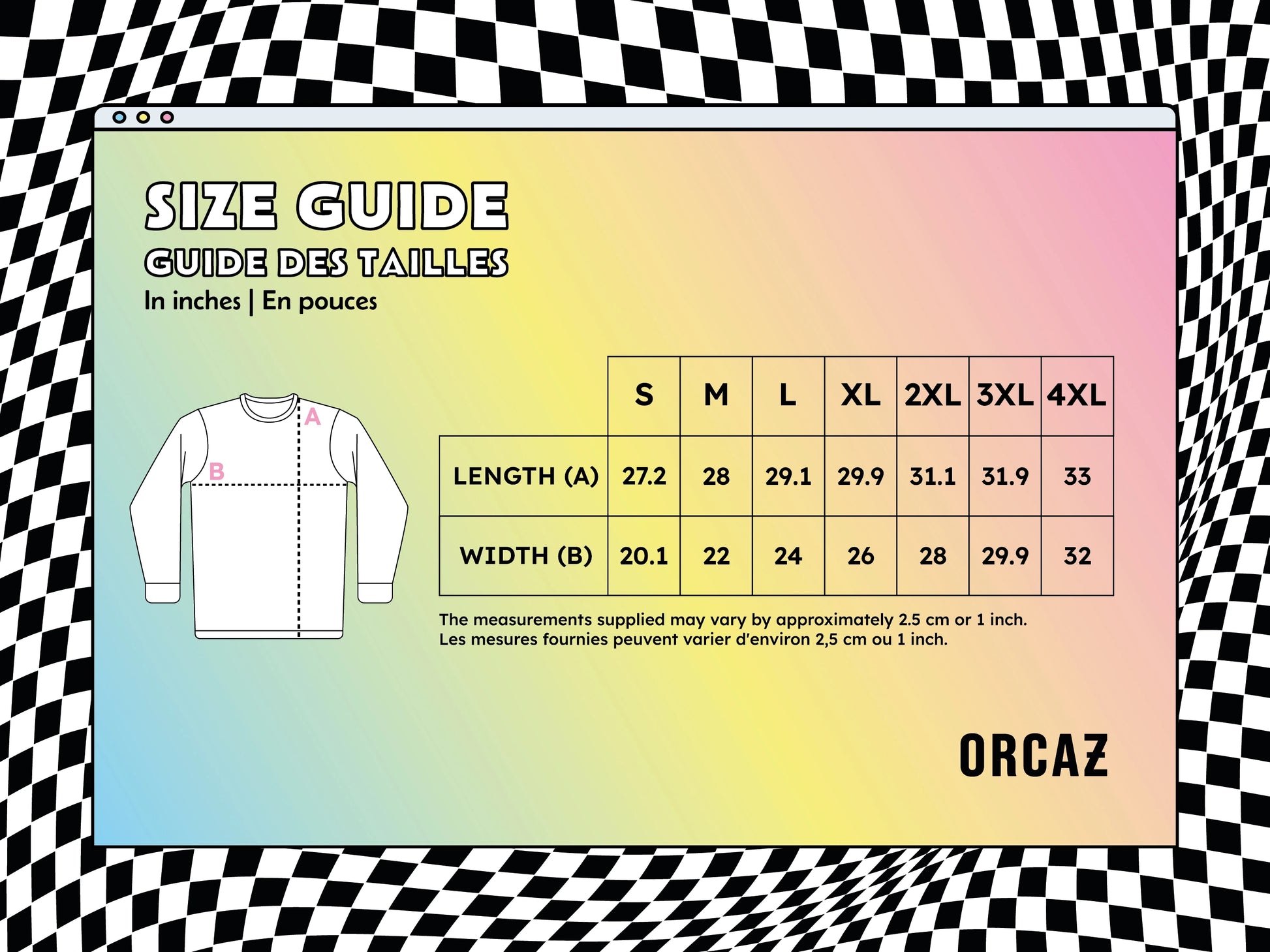Guide des tailles pour les sweats en pouces