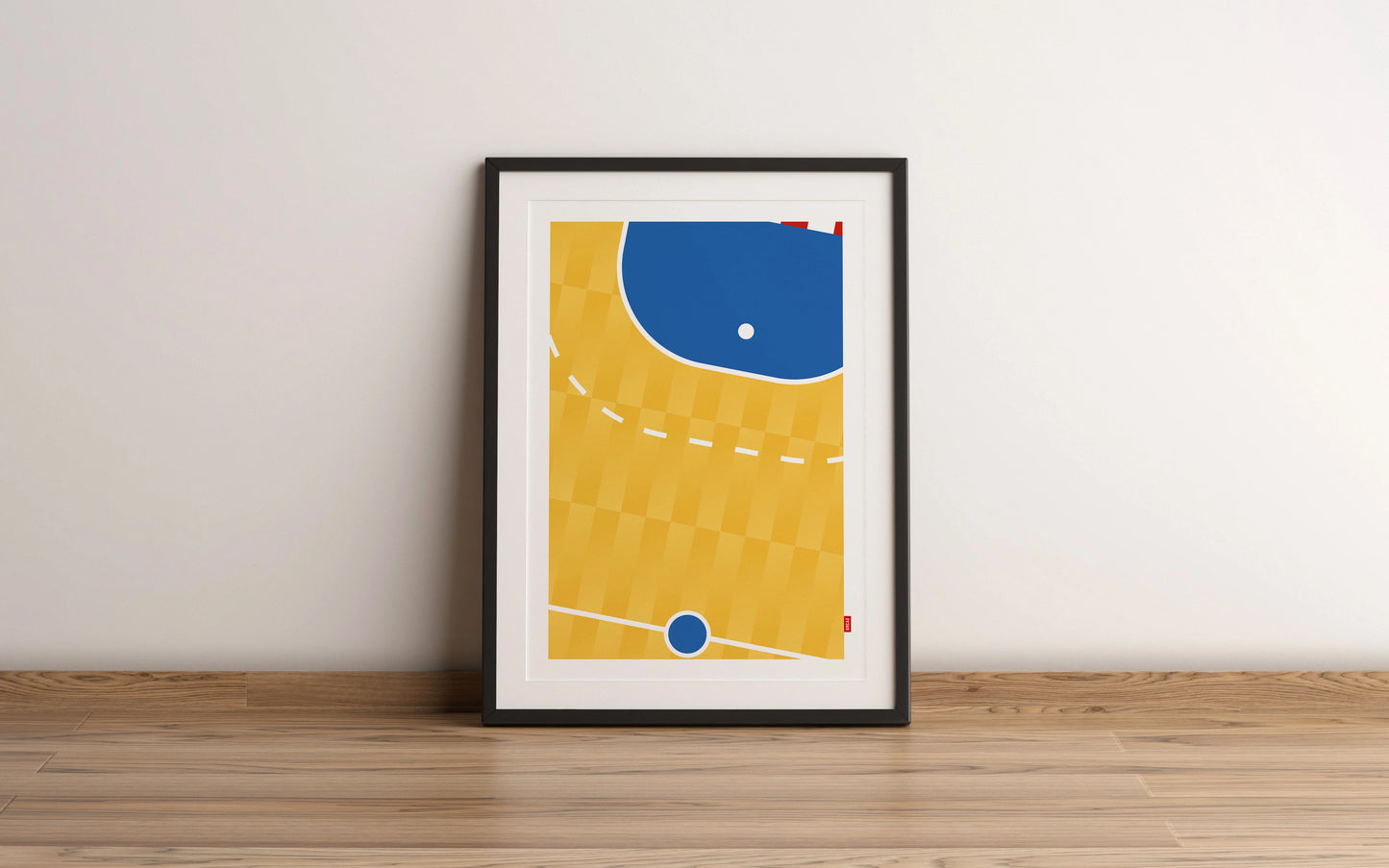 Magnifique affiche colorée d'un terrain de handball vu de haut.